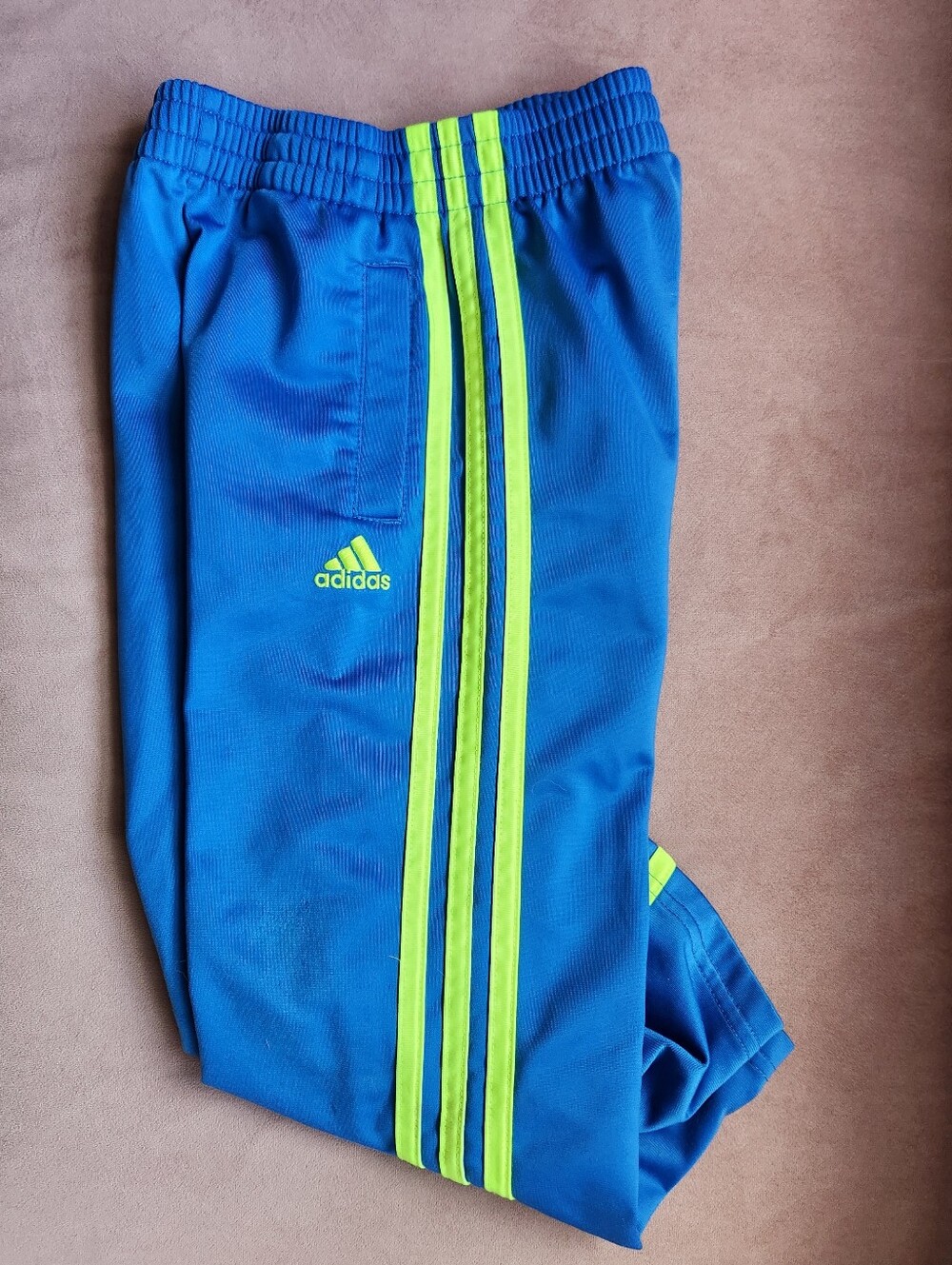Adidas Blue/Neon Green Stripe Track Pants  Detail Size 5 Kids